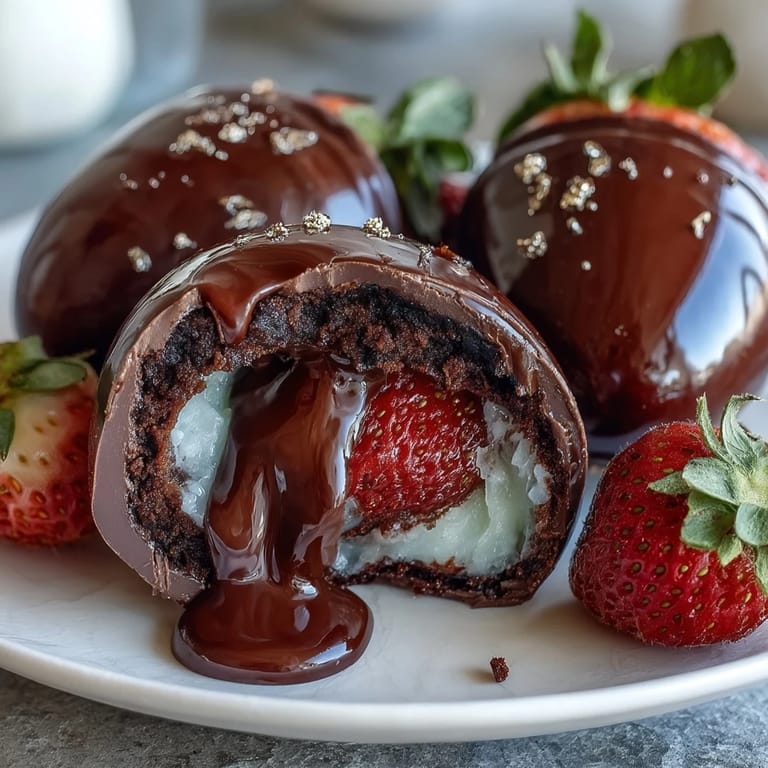 Luxurious Dubai-inspired Easter eggs with strawberry chocolate shells, revealing a nutty, crispy filling and elegant edible gold leaf.