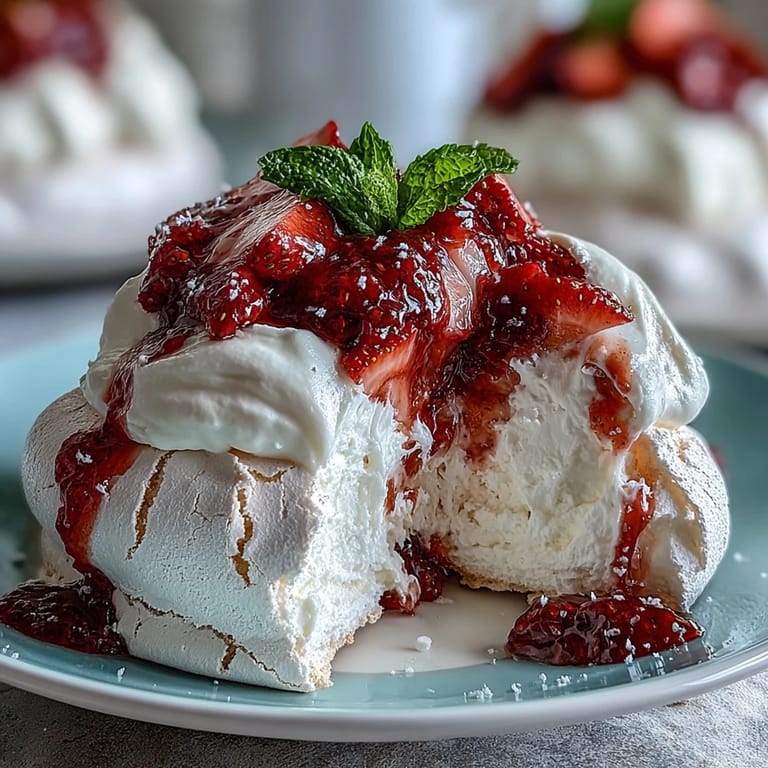 Delicate mini pavlovas filled with sweet whipped cream and juicy strawberries, perfect for elegant spring desserts.