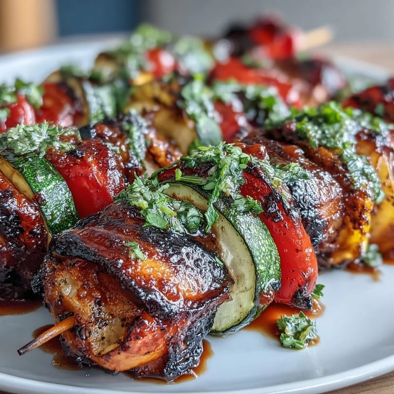Grilled Summer Veggie Skewers with Chimichurri, a colorful mix of zucchini, peppers, and mushrooms.