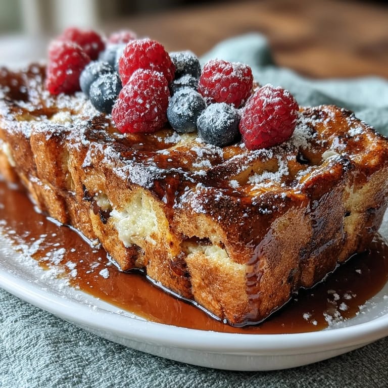Warm blueberry pancake casserole fresh from the oven, topped with a sprinkle of sugar and served with maple syrup.