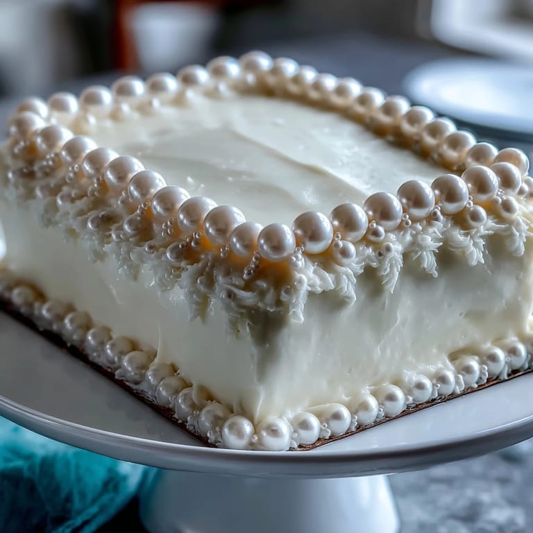 3. Moist sheet cake elegantly finished with pearl fondant, edible pearls, and luster dust, ideal for Communion gatherings.