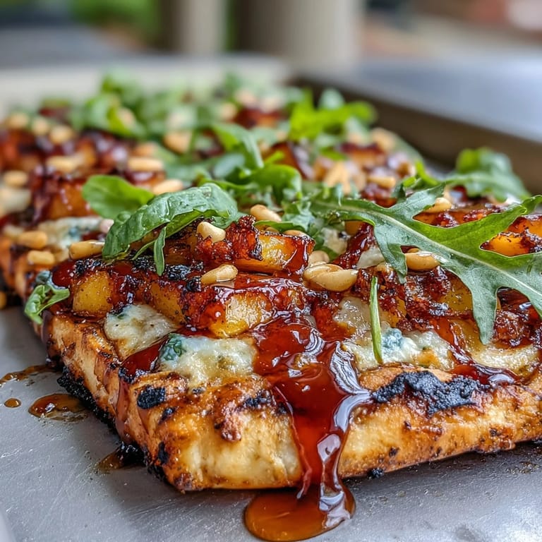 Smoky BBQ peach and Brie flatbread with caramelized onions, drizzled with honey and sprinkled with pine nuts.