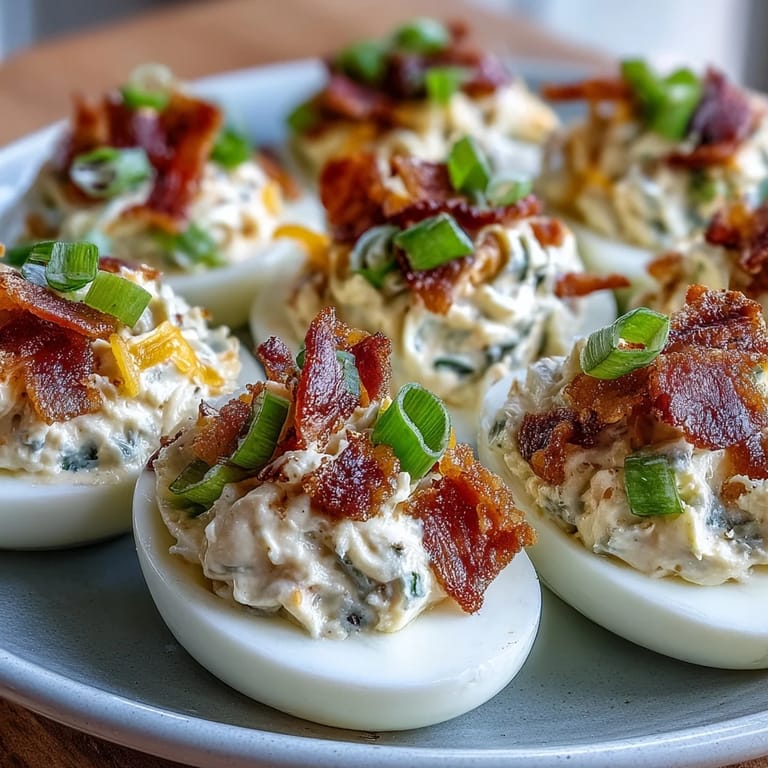 Creamy jalapeño popper deviled eggs with tangy cream cheese, smoky bacon, and cheddar cheese, served chilled on a platter.