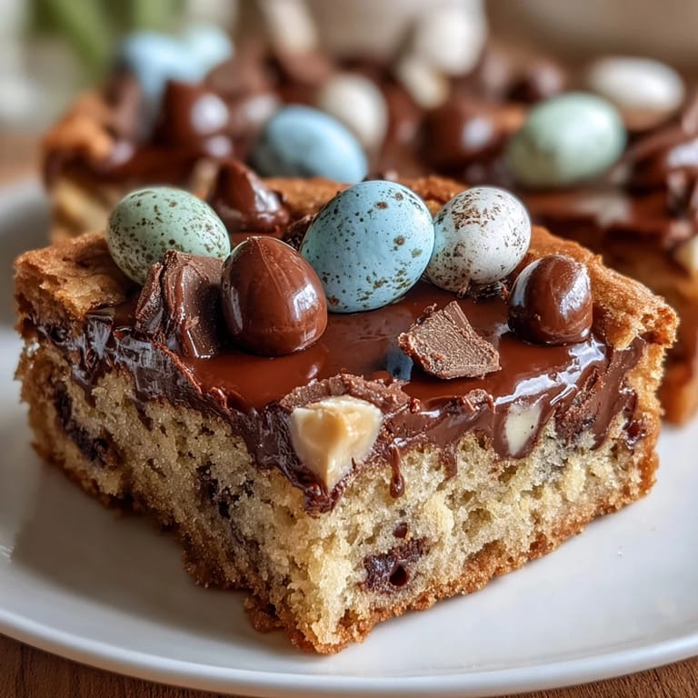 Soft, peanut butter cookie bars loaded with Easter egg chocolates, cut into squares and ready to serve at your holiday party.