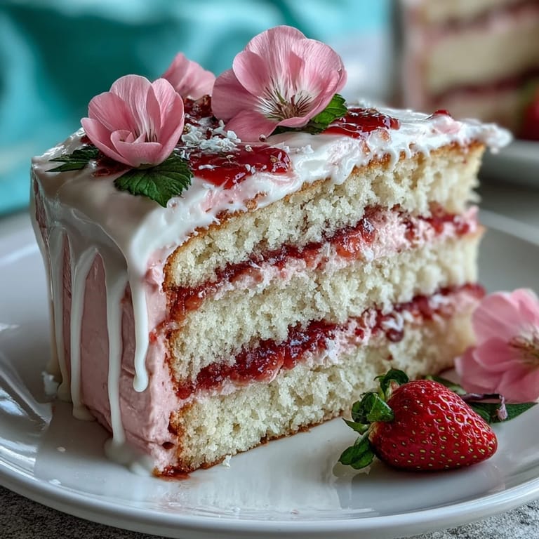 Floral drip cake with strawberry buttercream and white chocolate ganache, decorated with vibrant edible flowers and fresh berries for spring.