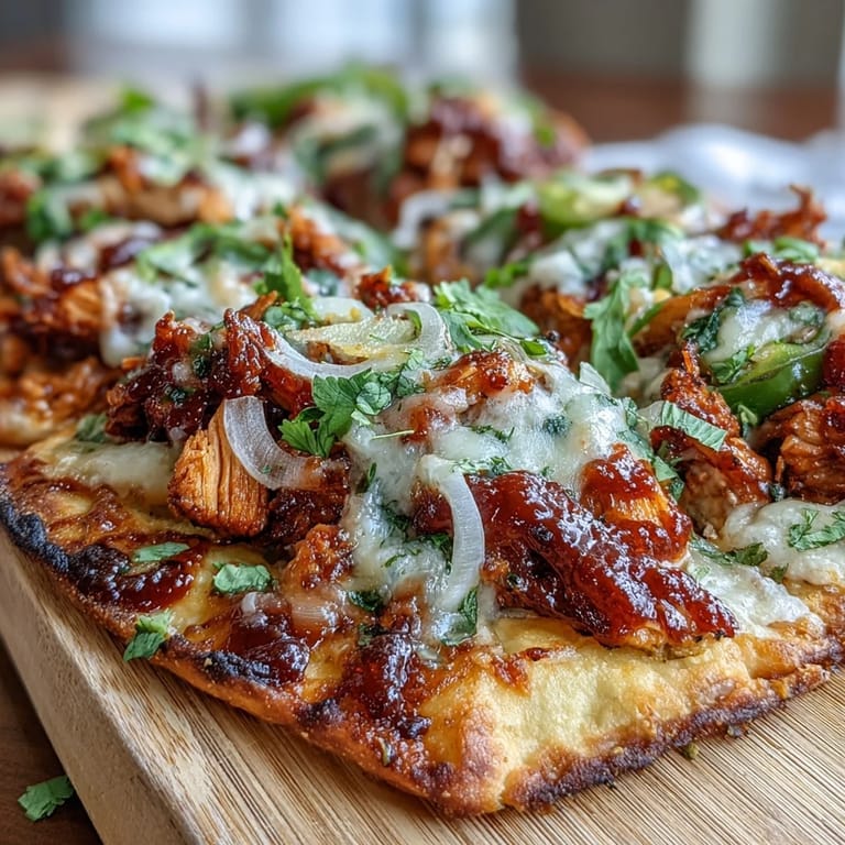 Easy BBQ chicken flatbread pizza featuring tender shredded chicken, gooey cheese, and a drizzle of tangy BBQ sauce.