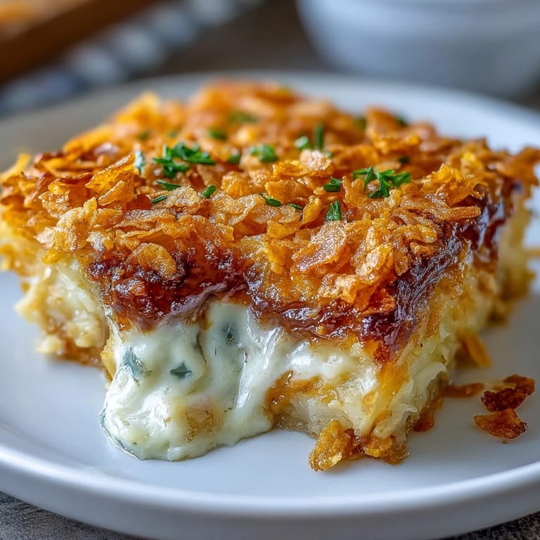 Golden, bubbling hash brown casserole topped with crispy cornflakes and melted cheddar cheese.