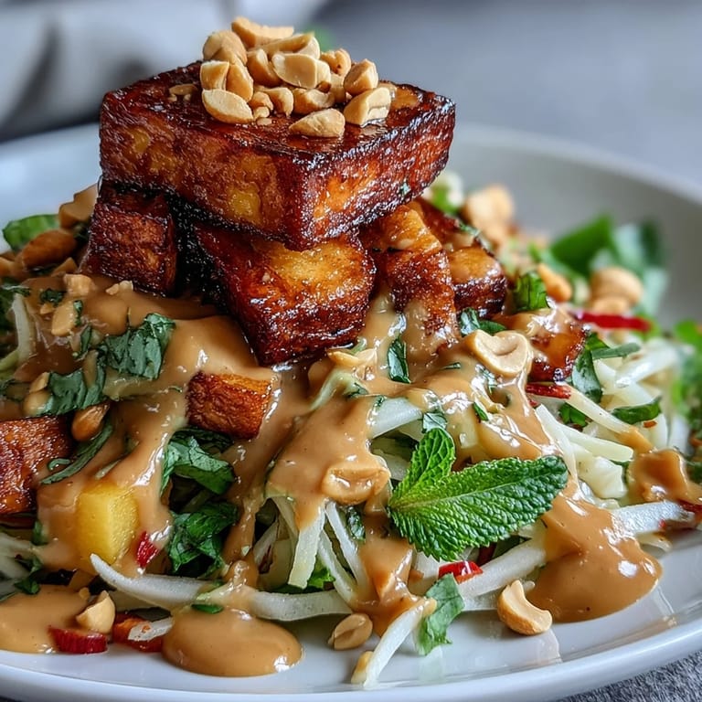 Vibrant Thai mango salad featuring irresistible crispy tofu drizzled with peanut sauce.
