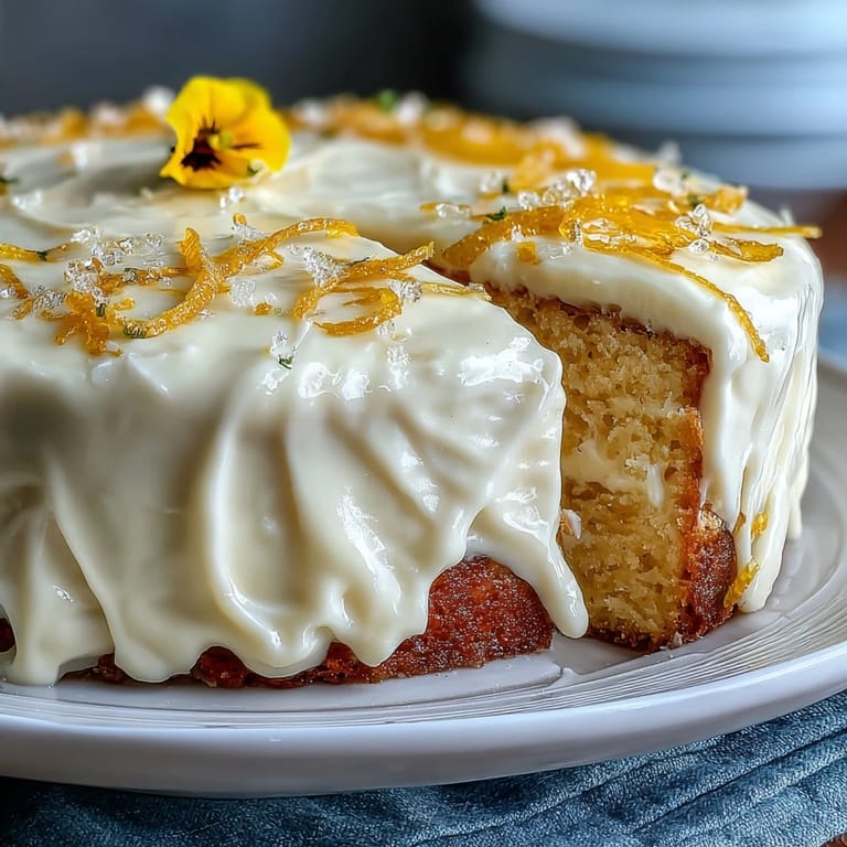 Delightful lemon sunshine cake, crowned with creamy frosting and fresh blooms.