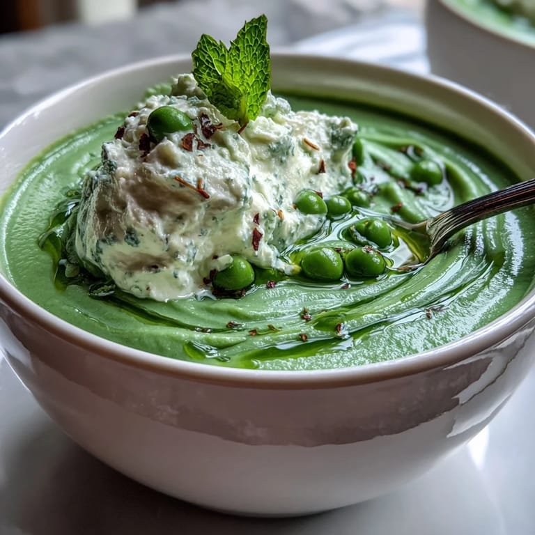 Spring pea soup with whipped ricotta, a light and refreshing springtime starter.