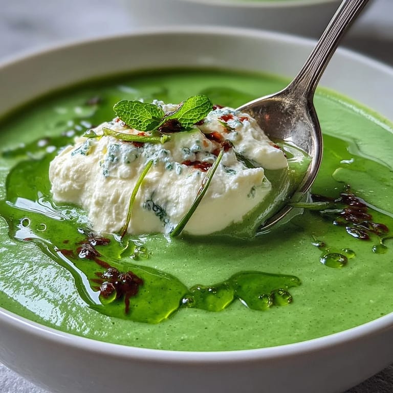 Creamy spring pea soup, artfully topped with ricotta and bright mint oil.
