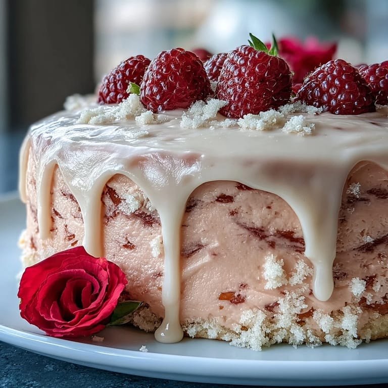 Show-stopping Rosé Velvet Cake with creamy frosting and a shimmering gold cascade.