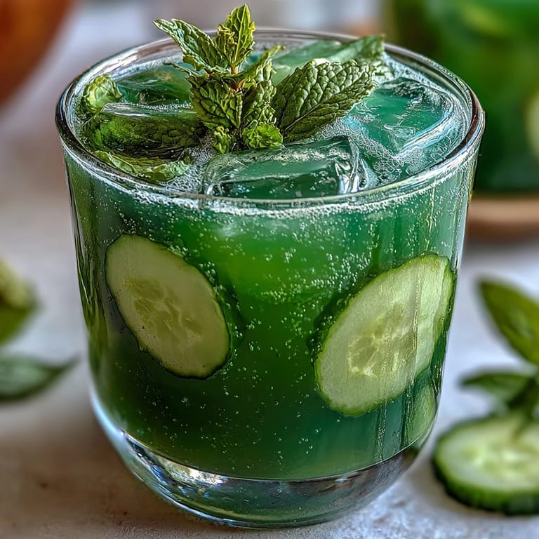 Enjoy this easy Sparkling Cucumber Mint Lemonade Mocktail over ice, garnished playfully.