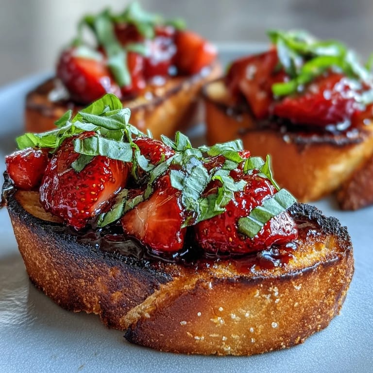 Juicy strawberry balsamic bruschetta appetizer, perfect for summer gatherings and entertaining.