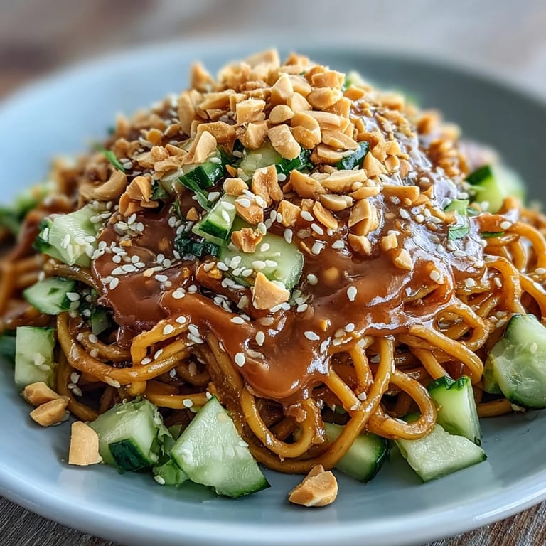 Delicious cold peanut sesame noodles, tossed in rich sauce, ready for lunch.