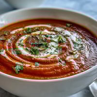 Roasted Red Pepper Soup garnished with fresh cilantro and a swirl of creamy yogurt in a rustic bowl.