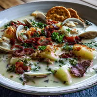 Steaming bowl of creamy New England Clam Chowder with tender clams and diced potatoes.