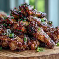 Coca Cola Chicken Wings glisten with a sticky, savory-sweet glaze on a serving platter, garnished with sesame seeds and green onions.
