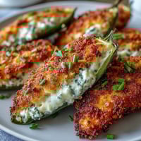 Golden, crispy Air Fryer Jalapeño Poppers on a rustic platter with melted cheese peeking from blistered peppers.