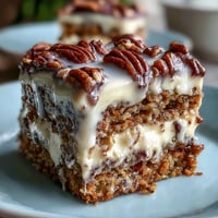 Moist carrot and walnut spring layer cake with tangy cream cheese frosting, decorated with fresh edible flowers and crunchy walnuts.