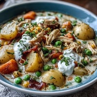 Slow Cooker Chicken Pot Pie Soup in a creamy, golden broth with tender chicken and vegetables, perfect for a comforting dinner.