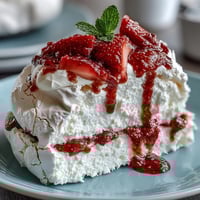 Mini pavlovas with strawberries and cream: crisp meringue shells topped with fluffy whipped cream and fresh berries.