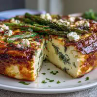 Spring brunch frittata with asparagus and goat cheese, a light and fluffy egg dish topped with fresh herbs and tender vegetables.