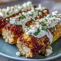 Elote-Style Microwave Corn on the Cob with Cotija cheese, creamy sauce, chili powder, and fresh cilantro on a white plate.