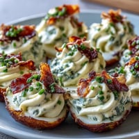 Spicy jalapeño popper deviled eggs with cream cheese, crispy bacon, and fresh jalapeño garnish, perfect for parties.