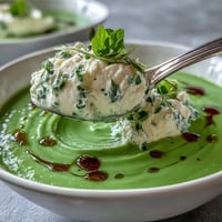 Vibrant spring pea soup swirls into creamy ricotta with fresh mint drizzle.
