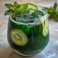 Sparkling Cucumber Mint Lemonade Mocktail: Refreshing tall glass filled with ice and garnish.