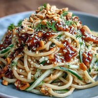 Creamy cold peanut sesame noodles with crisp cucumber, a perfect summertime dish.